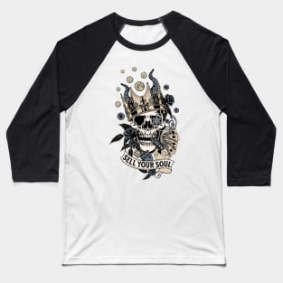 Sell Your Soul! Or don't? A Vintage Smoking Skull with Money, Playing Cards, Dice, Horns, Crown and Roses. Baseball T-Shirt